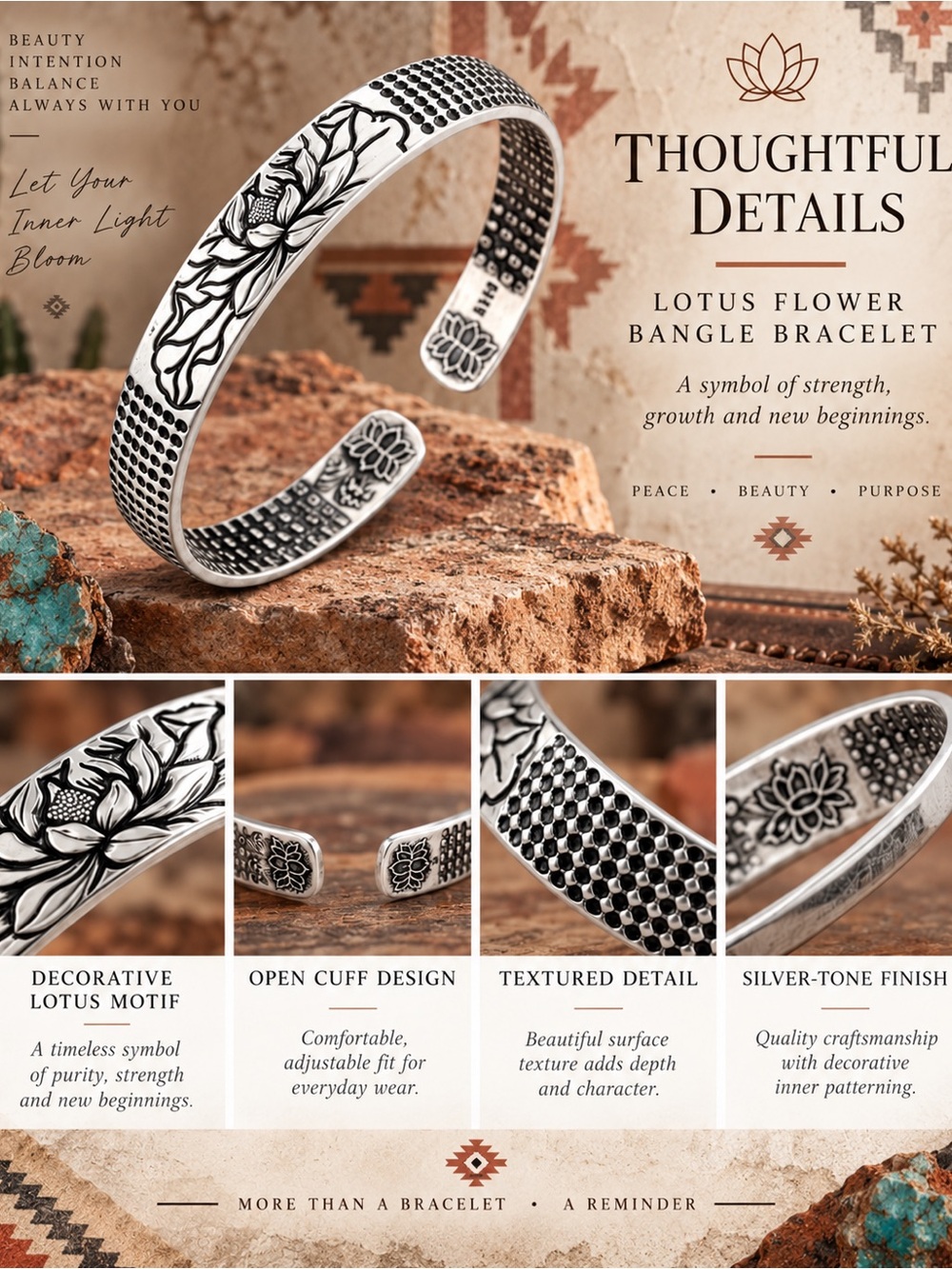 🆕 Lotus Flower Open Cuff Bangle Bracelet Silver Tone Boho Zen